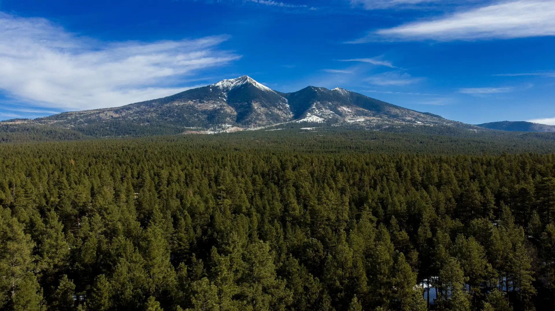 San Francisco Peaks above miles of ponderosa pine forest near Flagstaff, Arizona
